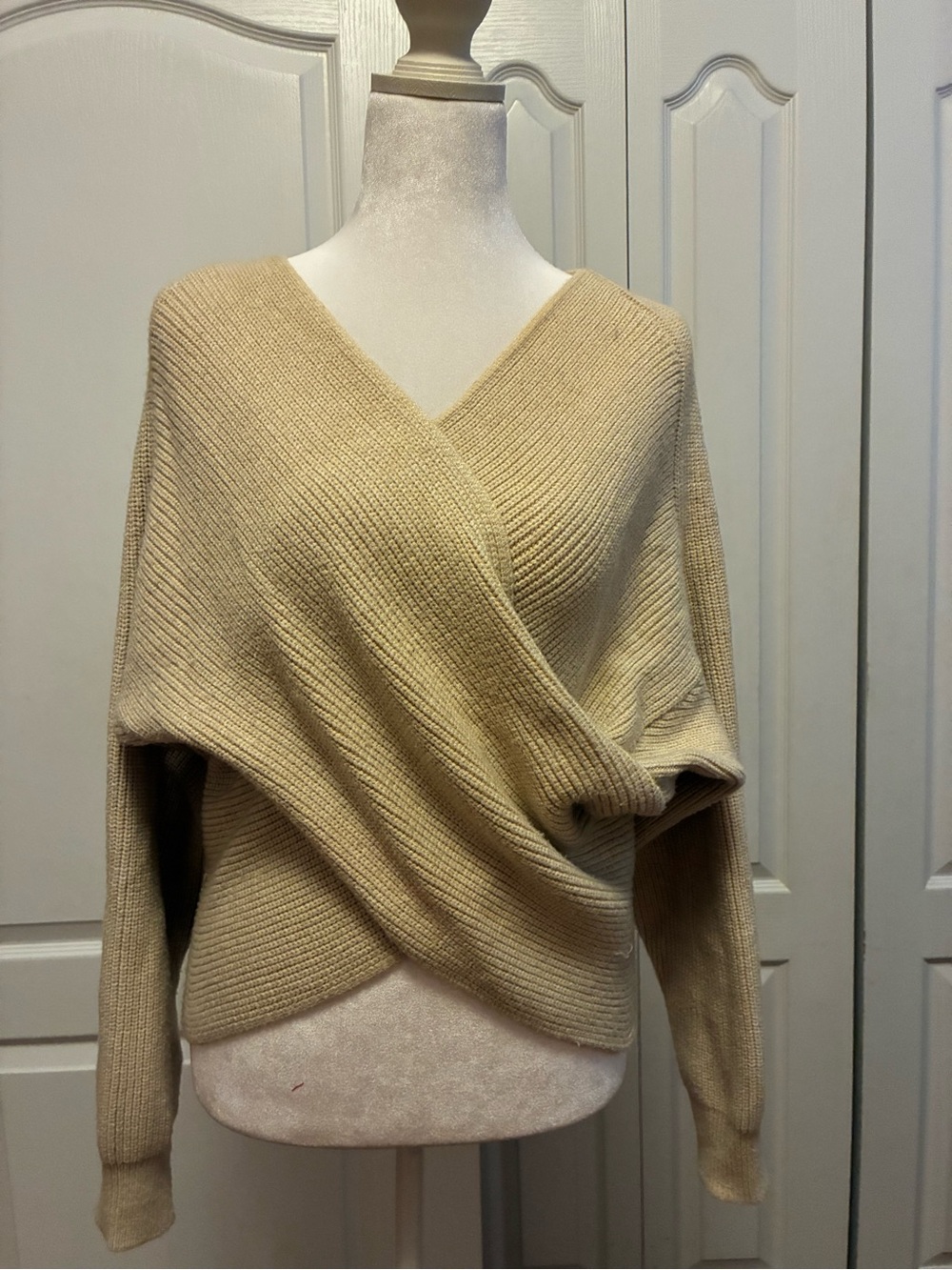 Lumiere Draped Wrap V-Neck Sweater - Beige